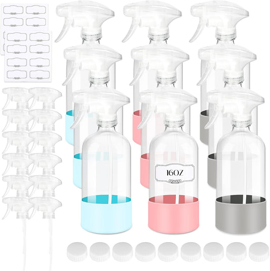 9 PACK/16 OZ Glass Spray Bottles with Upgraded Adjustable Spray Nozzle, Refillable Containers with Silicone Sleeve, Spray Bottle for Hair&Cleaning Solutions&Essential Oils-Pink Blue Gray