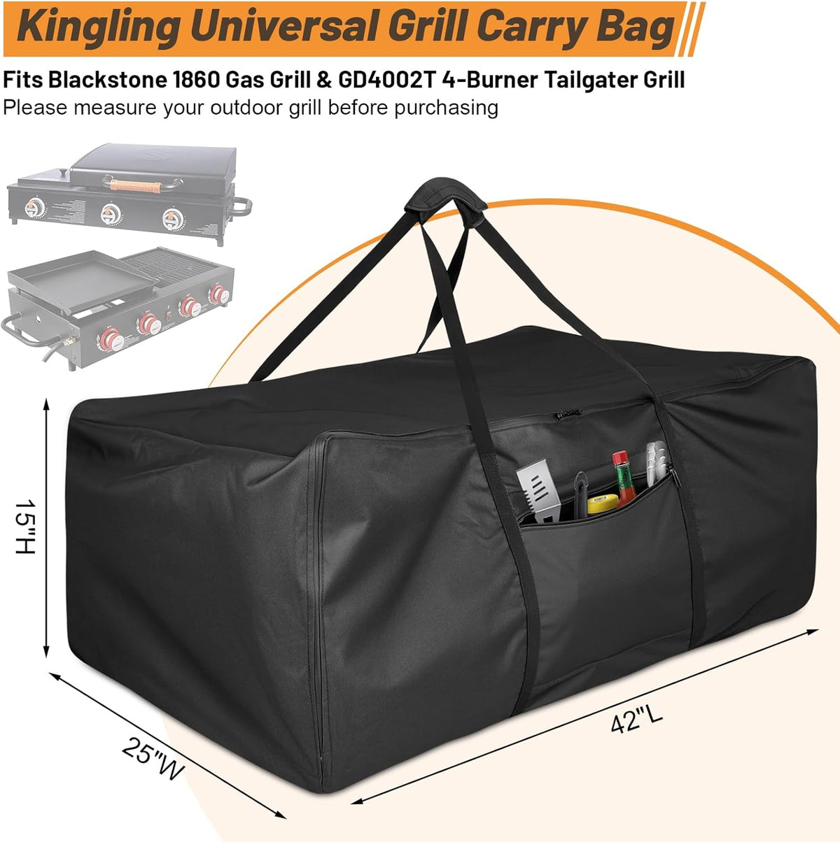 Kingling Universal Grill Carry Bag Fits for Blackstone 1860 Gas Grill & GD4002T Grill Heavy-Duty Carrying Storage Bag Grill Covers for Portable Propane Tabletop Grills BBQ Cover - 42"L x 25"W x 15"H