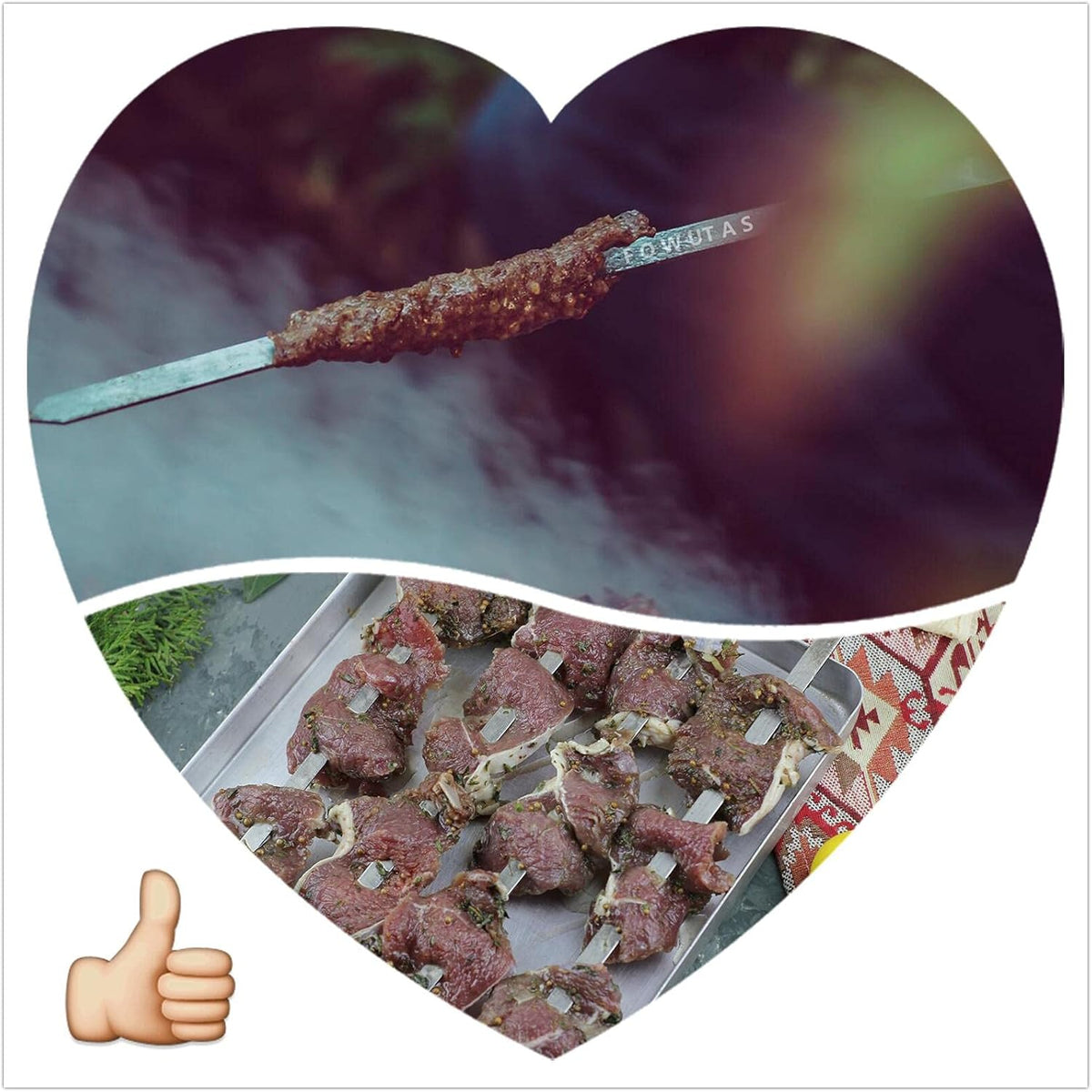 Large Size Kabob Skewers Flat Metal BBQ 22" Barbecue Skewer Wooden Handle Stainless Steel Shish Kabob Stick Wide Reusable Grilling Set Meat Shrimp Chicken Vegetable Kebab Fork Sausage-12PCS