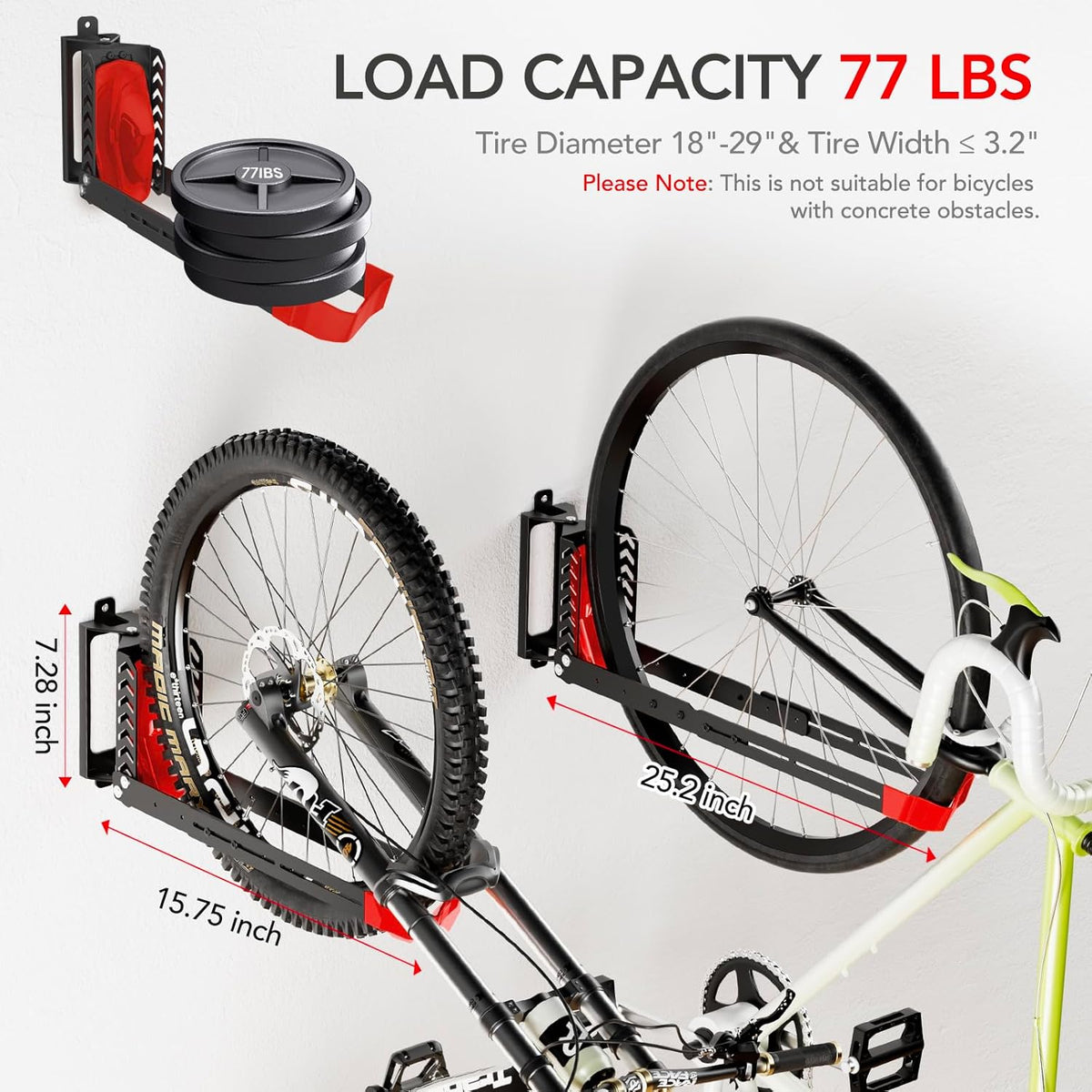 Swivel Bike Rack Wall Mount, Bike Hangers for Garage, Space-Saving Vertical Bike Holder, Holds up to 77 lbs, Bicycle Wall Hanger Storage, No Heavy Lifting Required Indoor Hanging Bike Rack-Red
