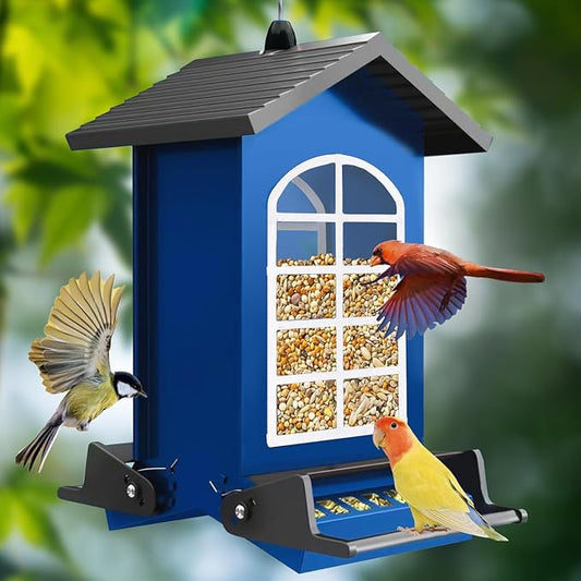 Bird Feeder Squirrel Proof Metal Hanging for Outdoor Wild Bird Seed, 5LBS with Bilateral Weight-Activated Perches, Heavy Duty Bird Feeders for Outside Wild Bird - Blue