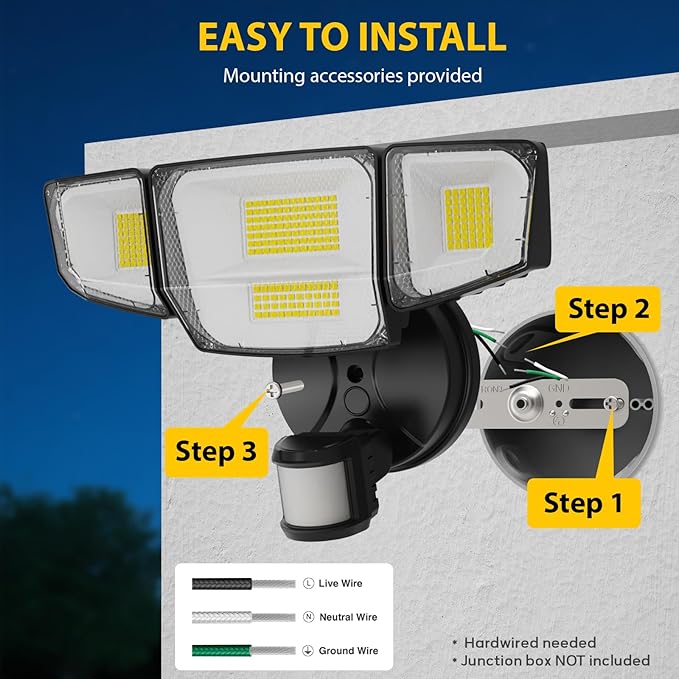 90W 10000LM LED Security Lights Motion Sensor Outdoor Lights, 4 Head Dusk to Dawn, 6500K Daylight Flood Lights Outdoor Motion Sensor, IP65 Waterproof, Motion Light for Outside, Garage, Yard, Porch