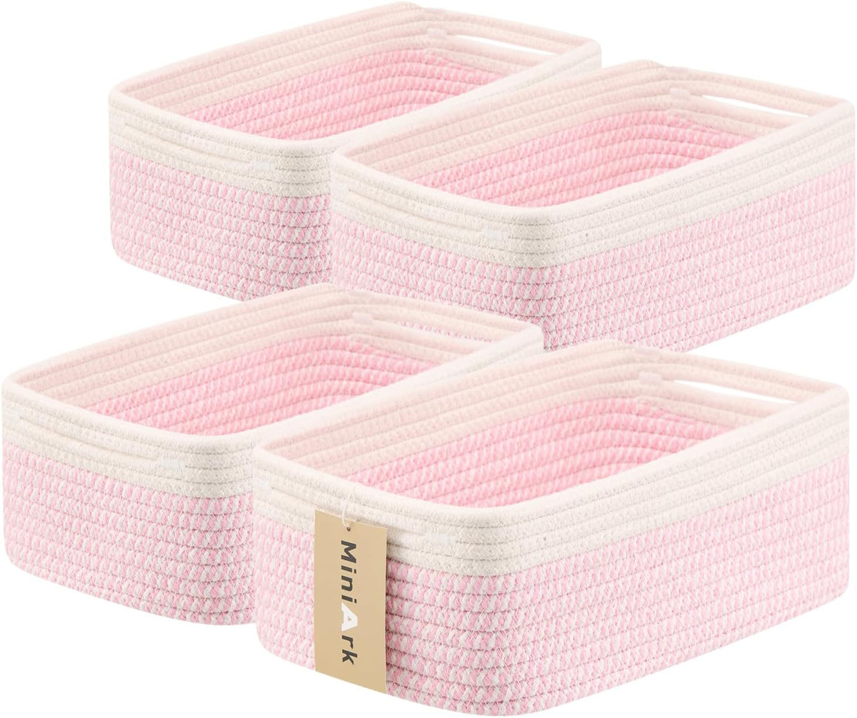 Small Storage Baskets for Organizing | Closet Organizer Bins | Shelf Toy Basket | Woven Rope Baskets | Cube Decorative Box | Shallow Basket | 13x8.5x5.1” | 4 Packs White Pink