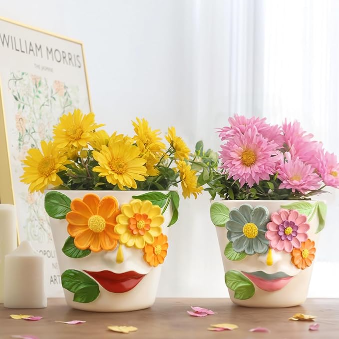 GUGUGO Flower Face Planters, Abstract Unique Head Plant Pot with Drainage, Rainbow Colorful Cute Flower Plant Pots for Indoor Plants, Funny Succulent Gardening Pot Gift Home Décor (Green&White, 5Inch)