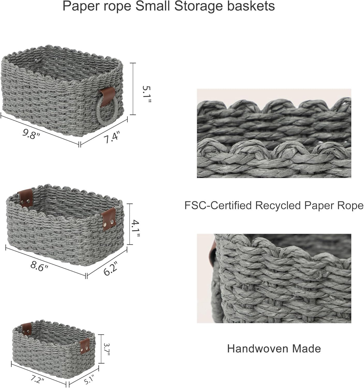 Small baskets for Organizing,Cute woven Storage basket with recycled paper rope for Shelves Bathroom,Little decorative basket,Set of 3 (Dark Grey)