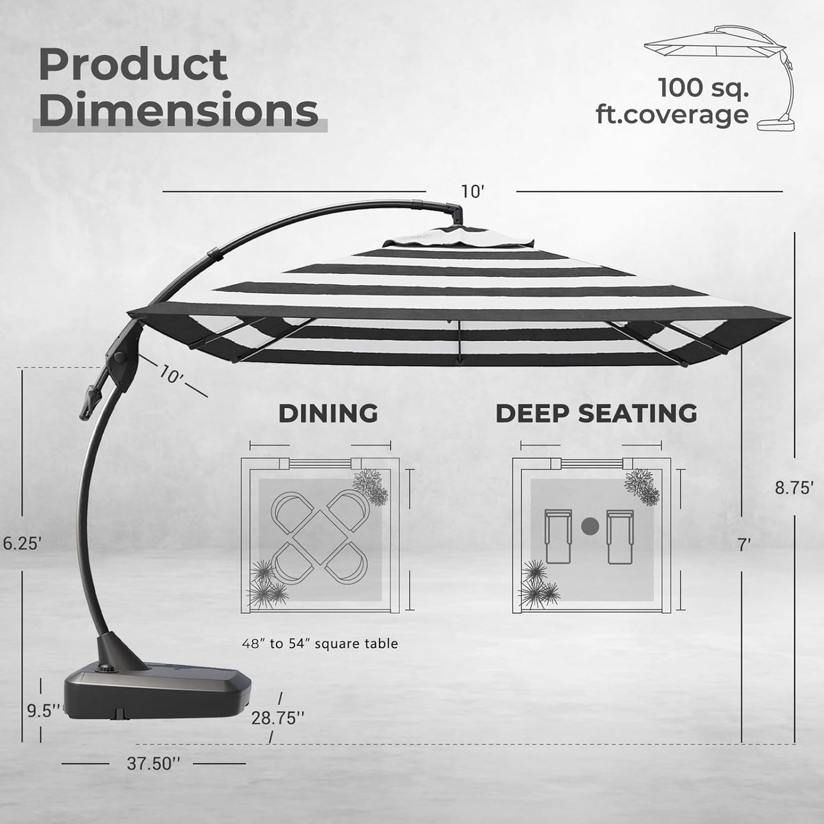 Grand patio 10x10 FT Patio Cantilever Umbrella with Base Outdoor Large Square Tilting Offset Umbrellas for Pool Deck (Black & White, 10x10 FT)