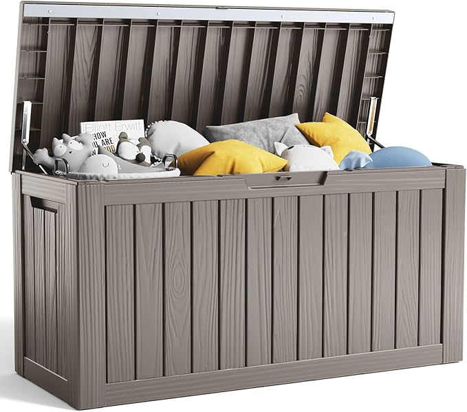 80 Gallon Resin Deck Box, Lockable Patio Outdoor Storage Box for Furniture, Garden Tools and Tools Storage, Waterproof Outside Storage Boxes - Grey