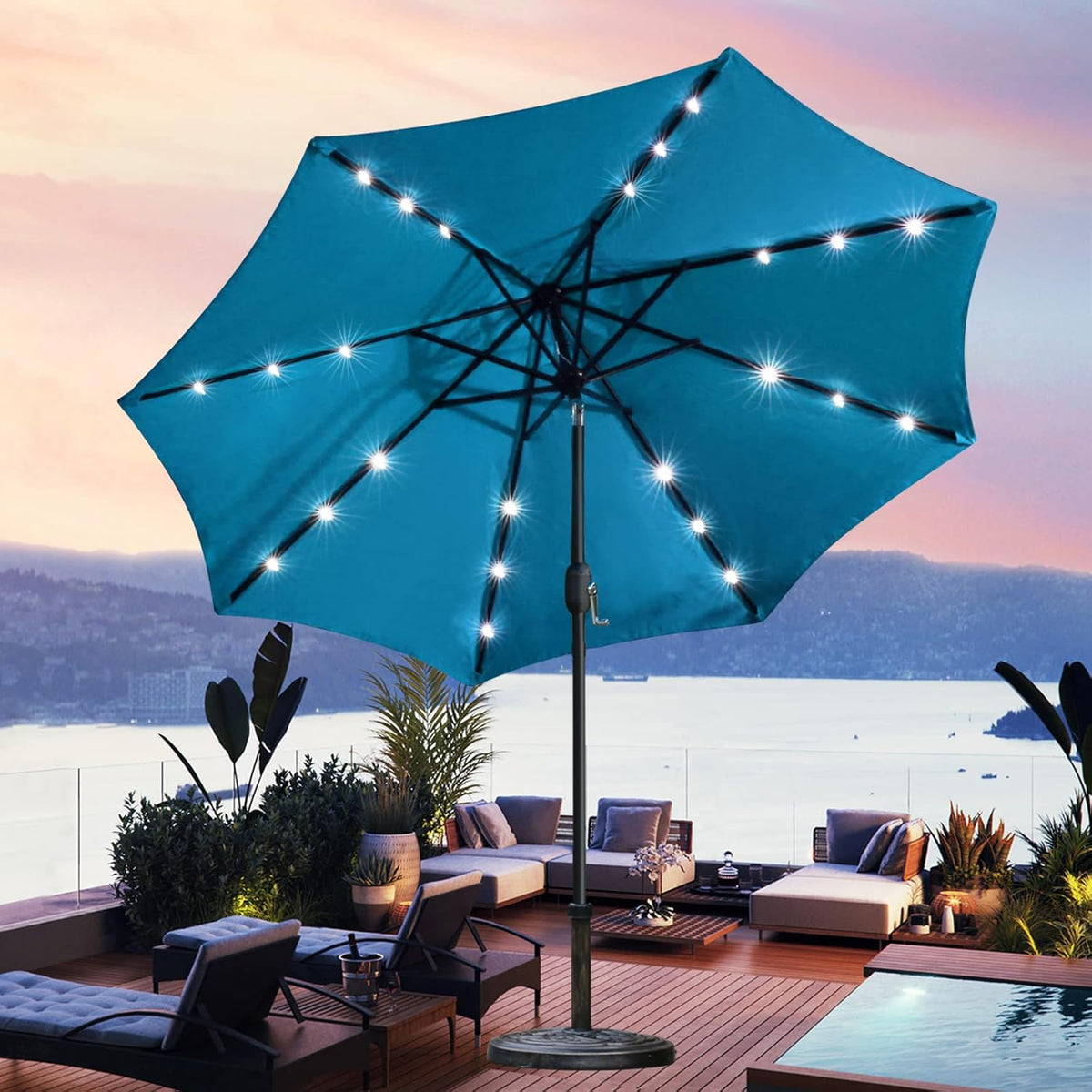 Sunnyglade 9' Solar LED Lighted Umbrella with 8 Ribs Adjustment and Crank Lift System for Patio(Blue)