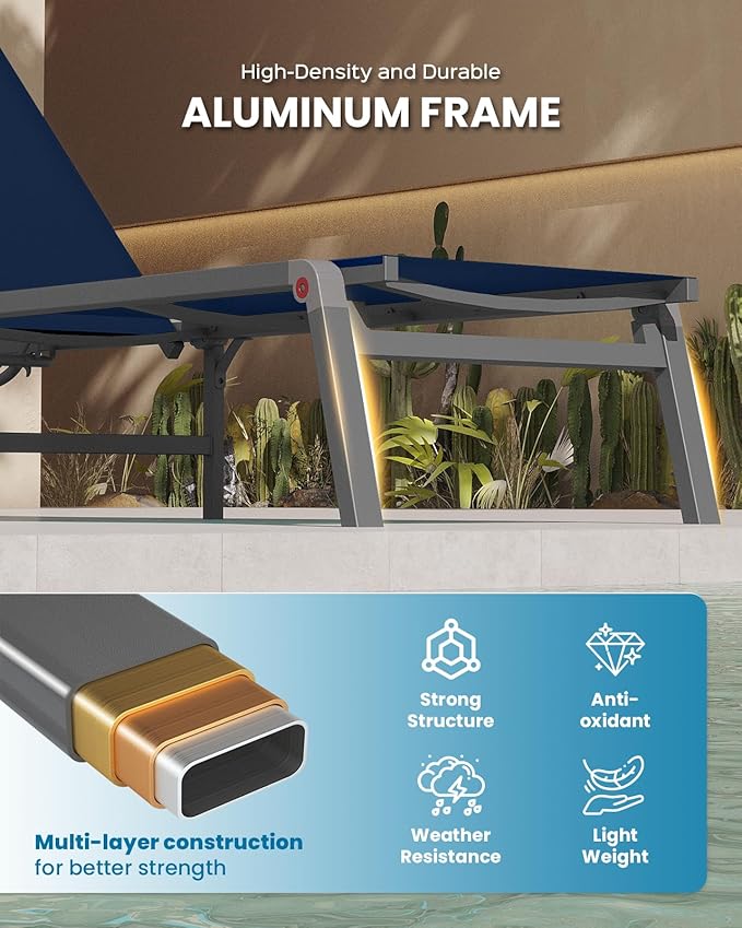 Chaise Lounge Outdoor, Foldable Aluminum Pool Lounge Chairs with 5 Positions Recliner - Free Assembly - Patio Chaise Lounge Chair for Poolside, Beach, Yard (NavyBlue)