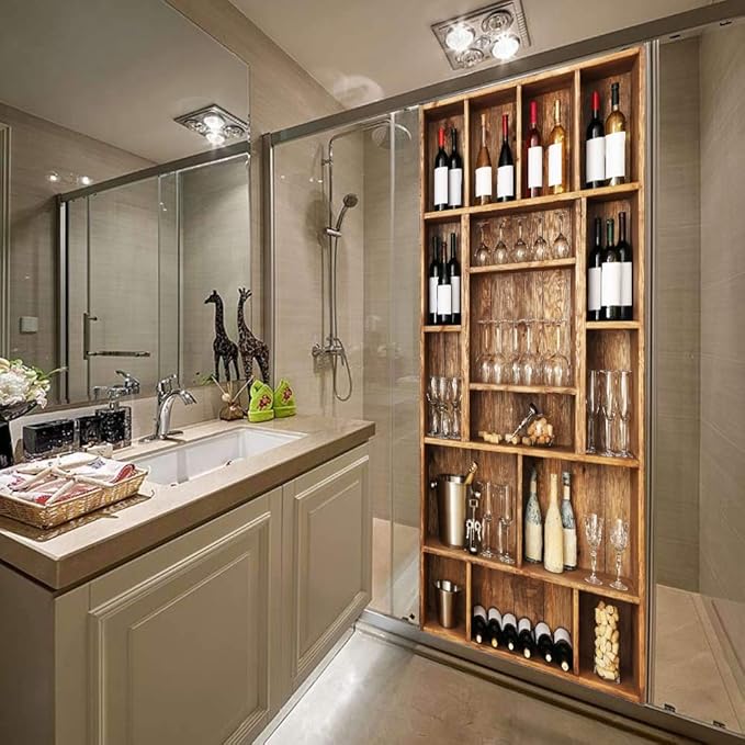 3D Peel and Stick Murals - Wine Cabinet Wallpaper - Removable PVC Waterproof Door Poster for Bedroom Living Room - 37.4 x 82.7 inch