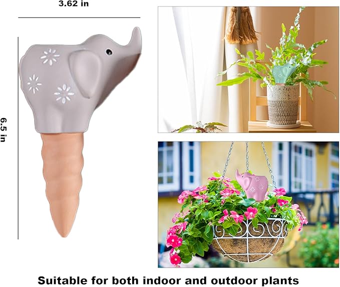 4-Pack Self-Watering Terracotta Spikes for Plants, Automatic Plant Watering Stakes, Keeps Plants Hydrated While You're Away, Ideal for Indoor & Outdoor Use (Elephant Design)