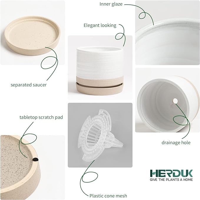 6 Inch Plant Pots, Ceramic Planter Pot with Drainage Hole & Saucer, Indoor/Outdoor Cylinder Round Planter Pot, White & Beige Glaze