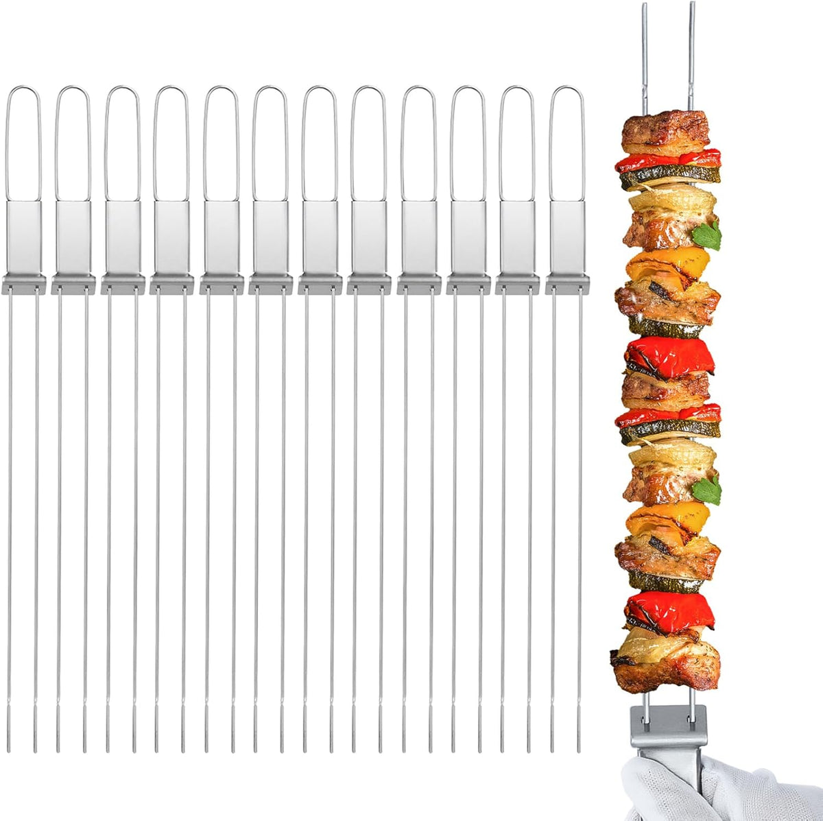 Kabob Skewers - 17" 12 Pack Metal Skewers For Kabobs with Push Bar Double Pronged Anti-Roll Flat BBQ Skewer for Grilling Stainless Steel Reusable Kebab Skewer for Meat Shrimp Chicken Veggie