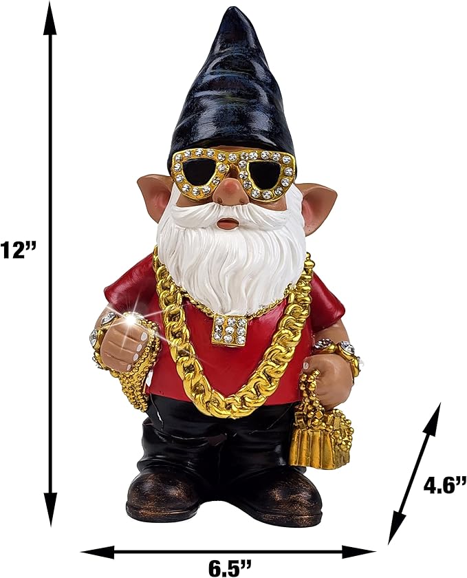 Better Office Products Garden Gnome Statue, 12" Height, Handcrafted Waterproof, UV-Resistant Polyresin Lawn Patio Porch Ornament Decoration (Bling Rapper with Solar Light)