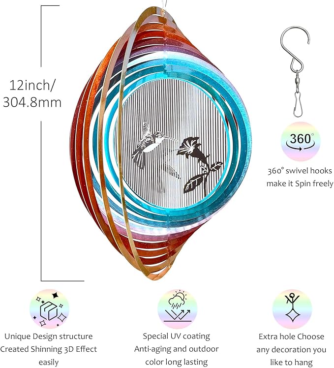 3D Animations Hummingbird Wind Spinner for Yard and Garden,12In Metal Wind Spinners Hummingbird Gift for Women Mom Grandma Wife,Outdoor Garden Decor Hanging Kinetic Yard Art Wind Sculpture