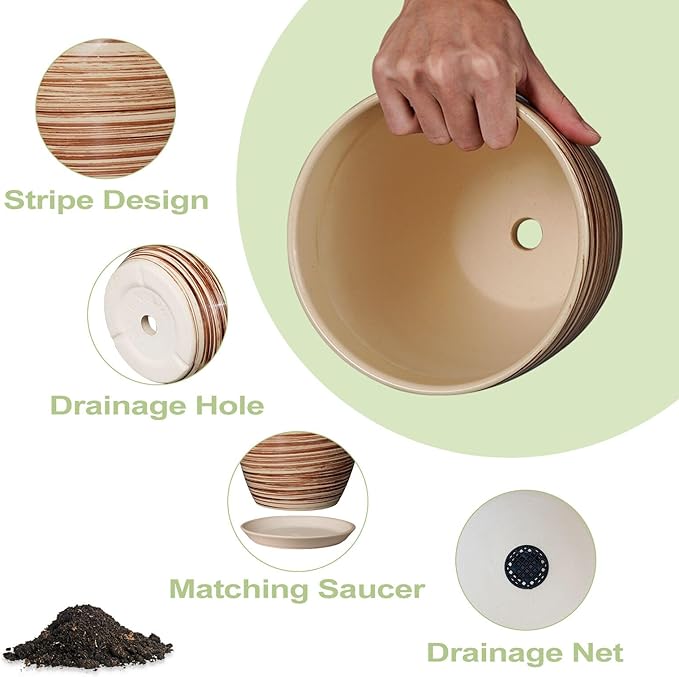 8 Inch Plant Pot, Ceramic Planter with Drainage Hole and Saucer Large Flower Pot for Home Patio Garden Office, Yellow