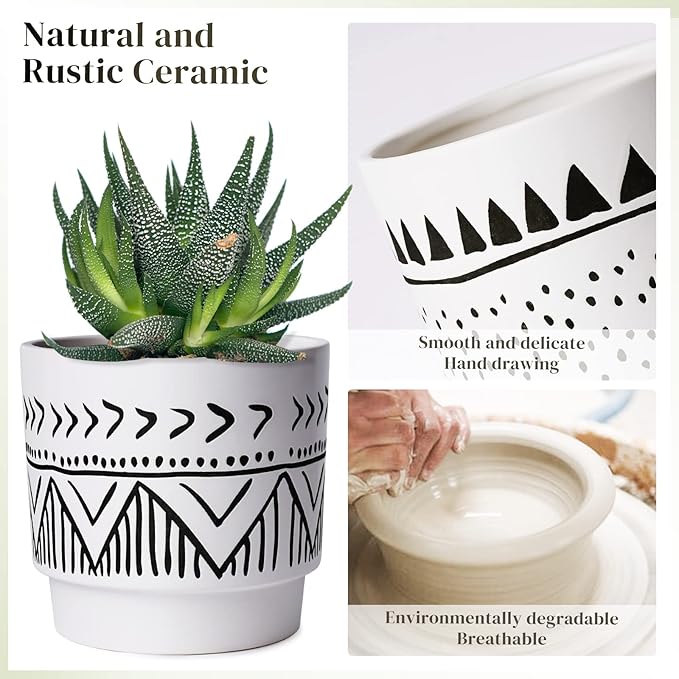 Boho 6 Inch Ceramic Plant pots, Geometric Ceramic Embossed Flower Pots Indoor with Drainage Holes, 2 Set Minimalistic Planters for Indoor and Outdoor Plants(Beige&Black)
