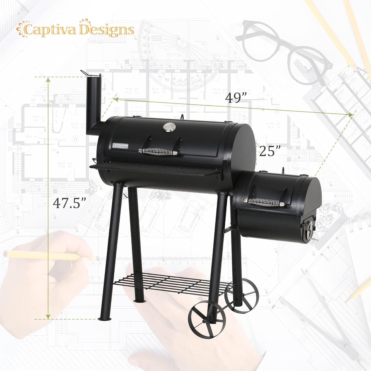 Captiva Designs Charcoal Grill with Offset Smoker, All Metal Steel Made Outdoor Smoker, 512 sq.in Cooking Area, Best Combo for Outdoor Garden Patio and Backyard Cooking