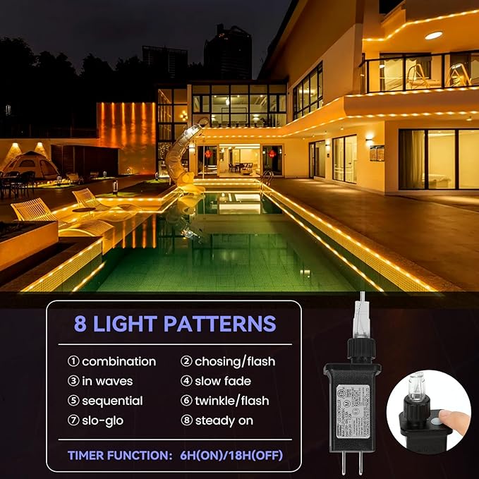 184FT 1000LED Rope Lights Outdoor, Outside LED Rope Lights Plug in String Lights Waterproof 8 Modes Clear Tube Lights for RV Camping Pool Patio Garden Christmas Tree Holiday Decoration(Warm White)