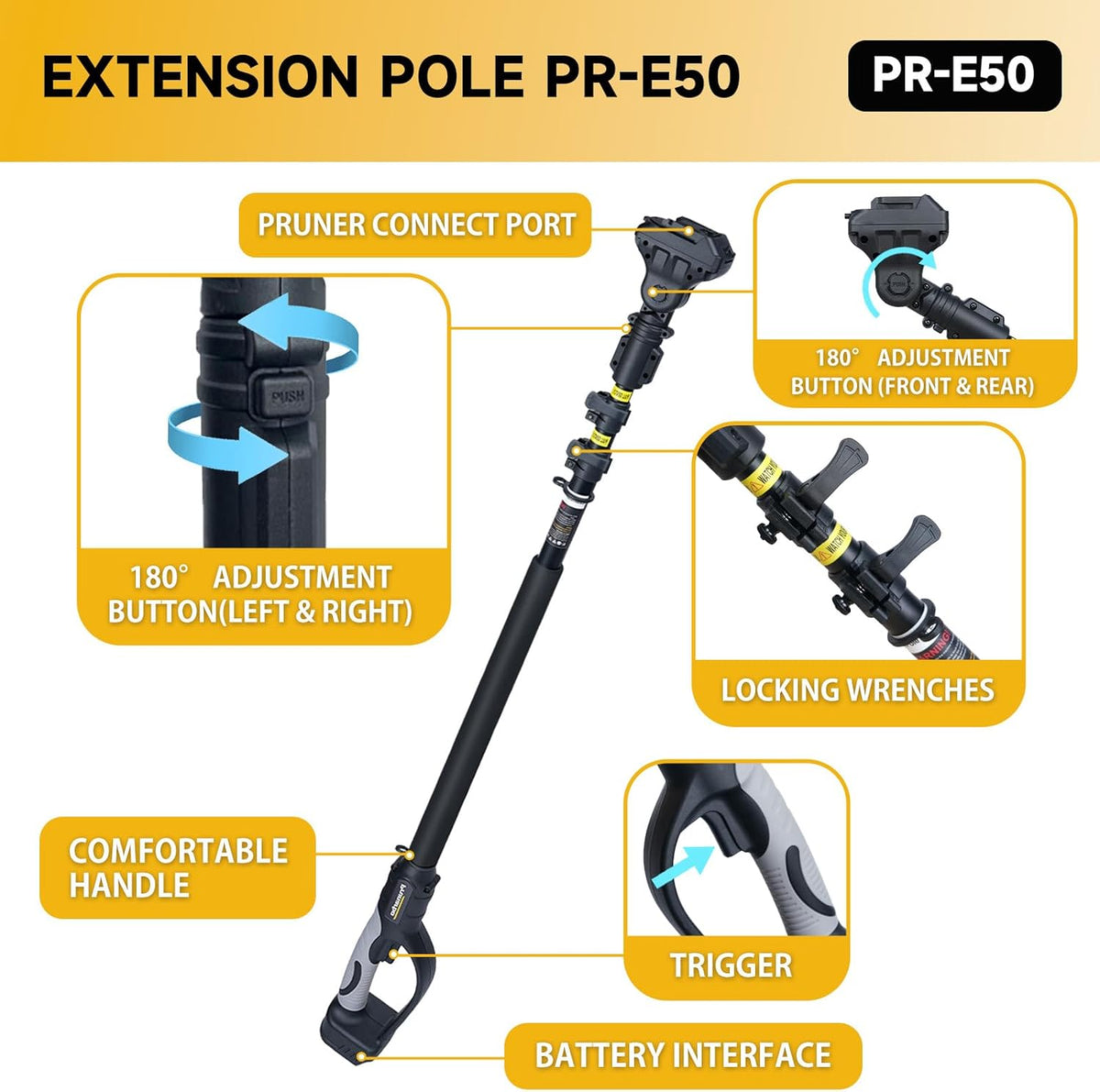 Extendable Pole for Cordless Electric Pruning Shear, Telescopic Pole 4.2-8.2 ft Extension for Gardening Tree Pruner Extended Cutting Reach for Professional Battery Secateurs Heavy Duty
