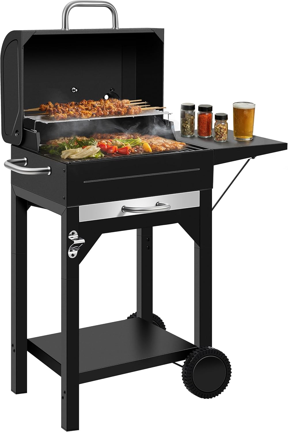 MBY Charcoal Smoker Grill Combo with Offset Firebox – Heavy Duty BBQ Grill with Side Shelf & Warming Rack, Portable for Outdoor Cooking, Backyard, Camping, Tailgating