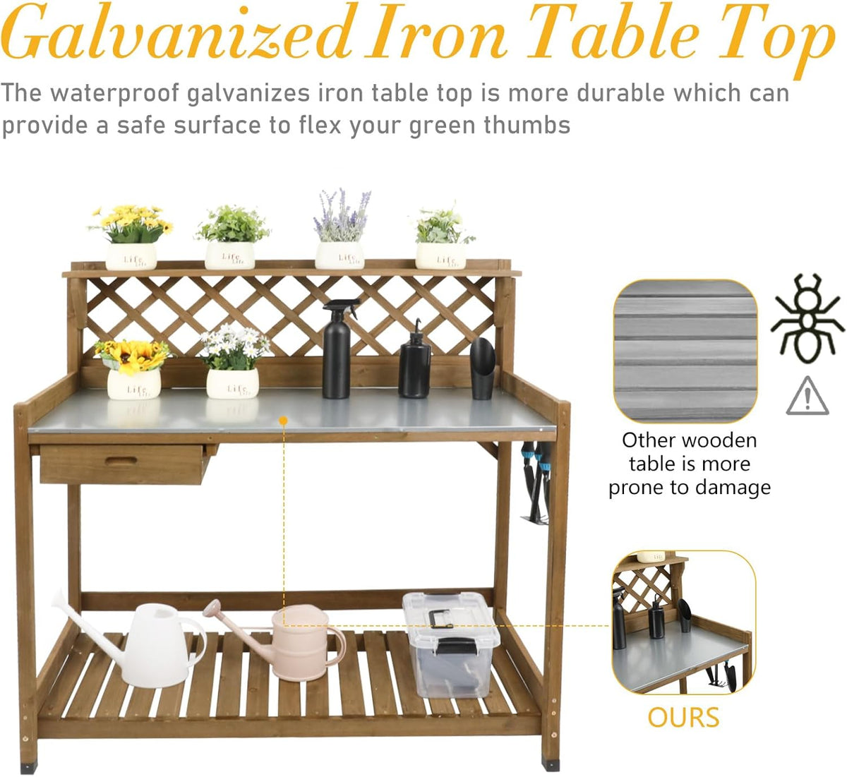 Garden Potting Bench with Metal Tabletop,Outdoor Potting Table Workstation Benches with Drawer/Storage Shelf，Fir Wood Potting Station Work Table with Open Shelf,Lattice Back (Brown)