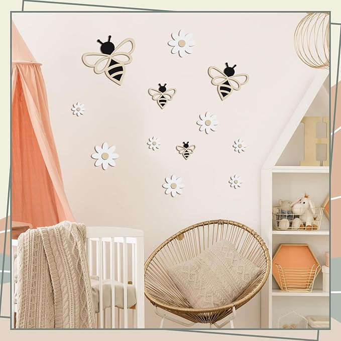 12 Pieces Wooden Bee Decor Farmhouse Honey Bee Daisy Wall Art Hanging Floral Wall Sign for Nursery Indoor Outdoor Garden Yard Kitchen