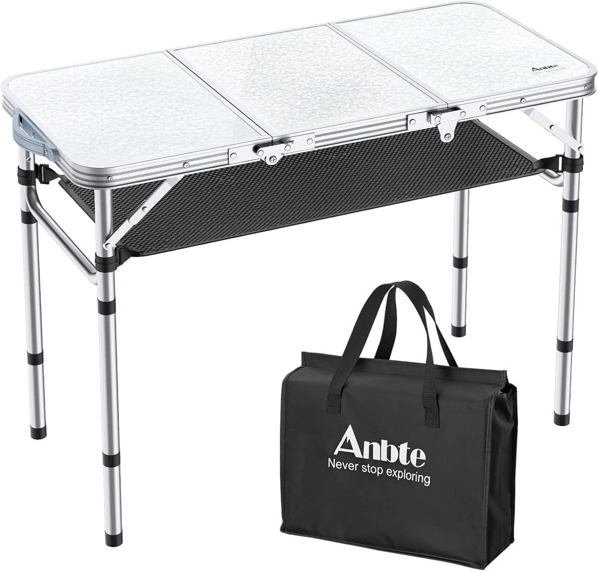 Folding Camping Table with Storage Net, 3ft Camping Table Aluminum Folding Table with 3 Adjustable Height Max 27.1 Inch, Portable, for Outdoor Backyard BBQ, Silver