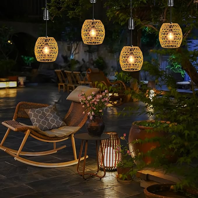 Battery Operated Outdoor Hanging Light with 6 Hours Timer, Outdoor Indoor Pendant Chandelier Rattan Lantern Waterproof Lamp Edison Bulb Lights for Gazebo Porch Garden Patio Home Decoration