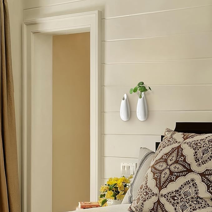 2 Pack White Ceramic Wall Vases,5.9 Inch Wall Hanging Plant Holder,Cubicle Modern Decor Plant Holder Vase for Indoor Plants, Hanging Propagation Flower Pots for Air Vases