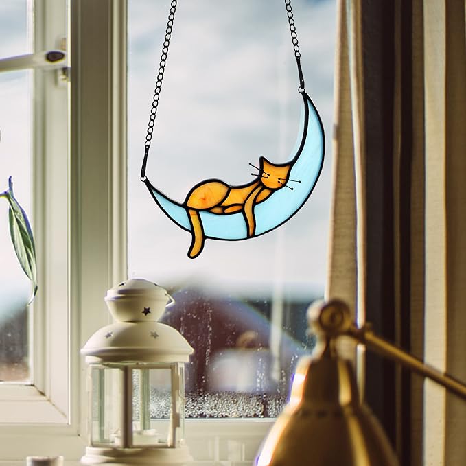 BOXCASA Sleeping Cat Stained Glass Windown Hanging,Orange Cat on Moon Beautiful Handcrafted Sun Catcher Gifts for Daughter,Mothers Day,Christmas and Cat Lover
