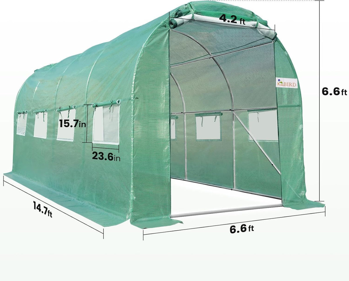 KING BIRD Premium 15x6.6x6.6FT Greenhouse for Outdoors, Large Walk-in Heavy Duty Galvanized Steel Frame, Mesh Door Screen Window Upgraded Zipper Tunnel Hoop for Garden Plant Winter, Green