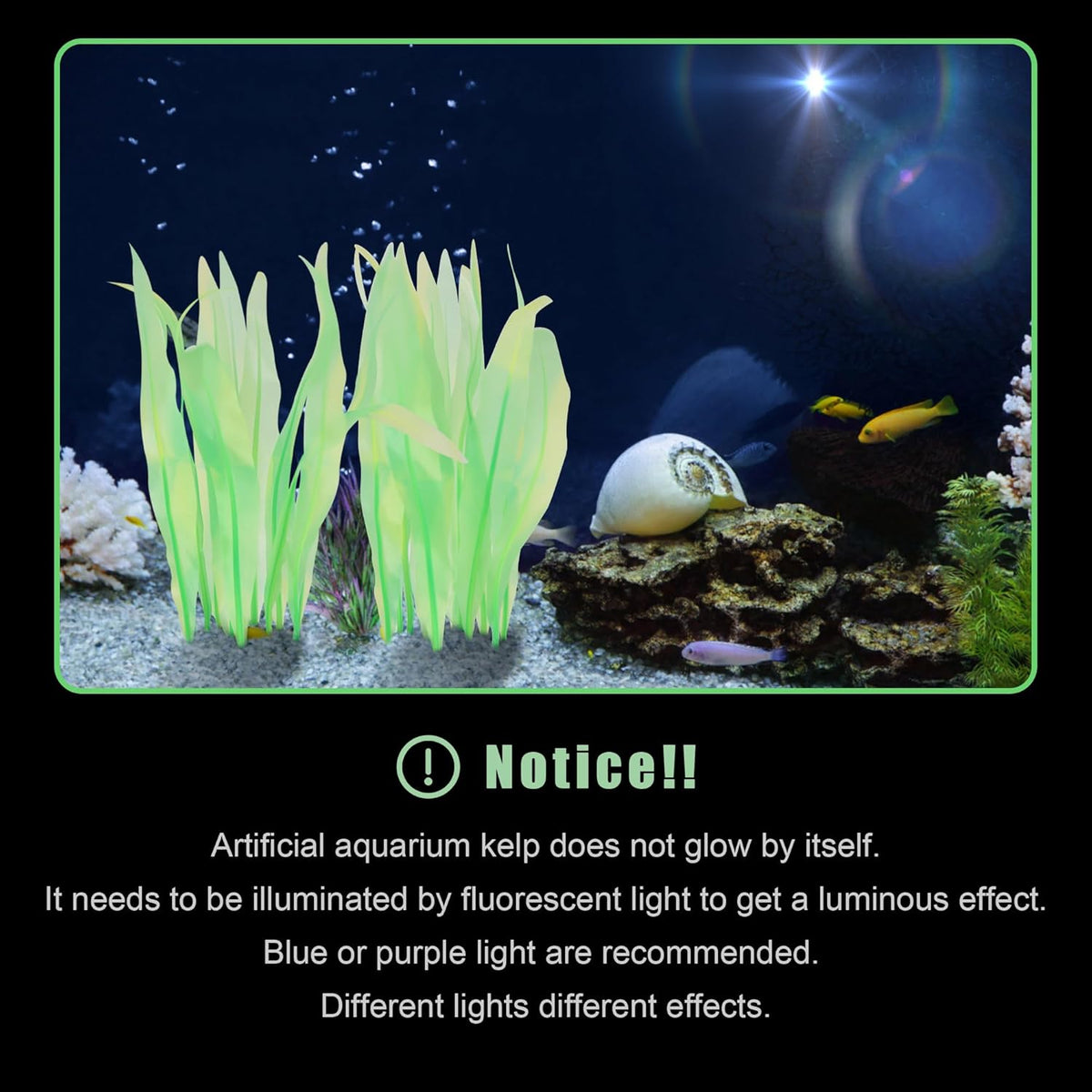 Kaiyuan Dynasty 2pc Artificial Fish Tank Plants Aquarium Decoration Plants Silicone Glowing Kelp Ornament Fish Tank Decor Aquarium Plant Aquatic Water Grass,7inch,Green