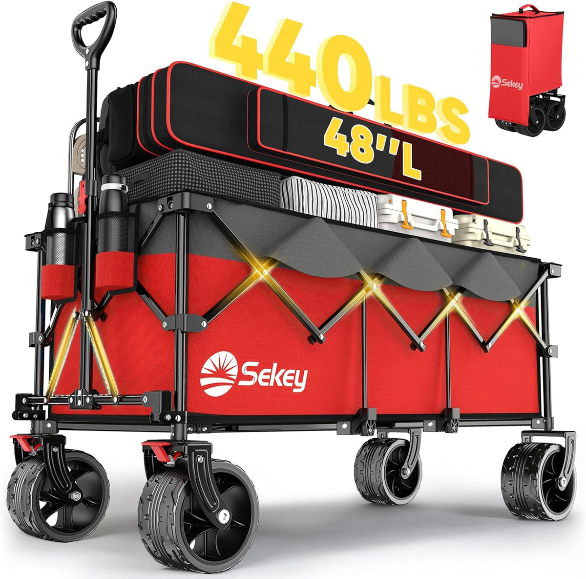 Sekey 48''L Collapsible Foldable Extended Wagon with 440lbs Weight Capacity, Heavy Duty 300L Folding Utility Garden Cart with Big All-Terrain Beach Wheels & Drink Holders. Red&Grey
