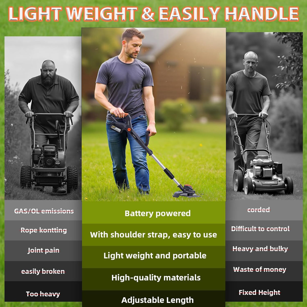 Electric Weed Wacker Cordless,24V Weed Cordless Eater Battery Powered,Weed Cutter with 2Pcs 4.0Ah Batteries,1300W Motor,2 Types Blades,Grass/String Trimmer Lawn for Yard and Garden