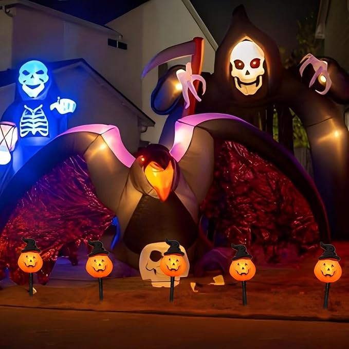 4 Pack Halloween Pumpkin Witch Hat Pathway Lights –7Ft LED Outdoor Halloween Decorations, Waterproof Halloween Garden Stake Lights Perfect for Outdoor Pathway, Yard, Walkway, Lawn and Driveway Decor