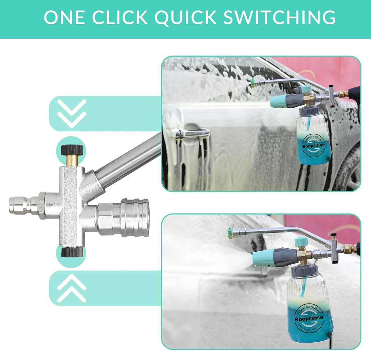 Sooprinse Pressure Washer Foam Cannon with Dual Connector Accessory, Power Washer Soap Cannon with Double Tip Attachment, 5 Power Washer Nozzle Tips, 1/4" Quick Connect, 4000 PSI