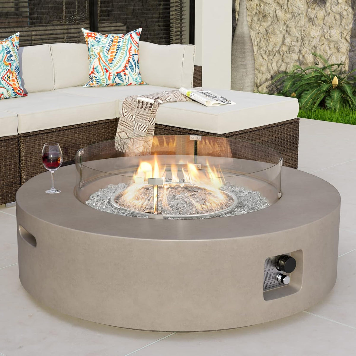 COSIEST Outdoor Propane Fire Pit Coffee Table w Gray 42 inch Round Base Patio Heater, CSA Certified, 50,000 BTU Stainless Steel Burner, Wind Guard, Transparent Gray Fire Glass, Rain Cover