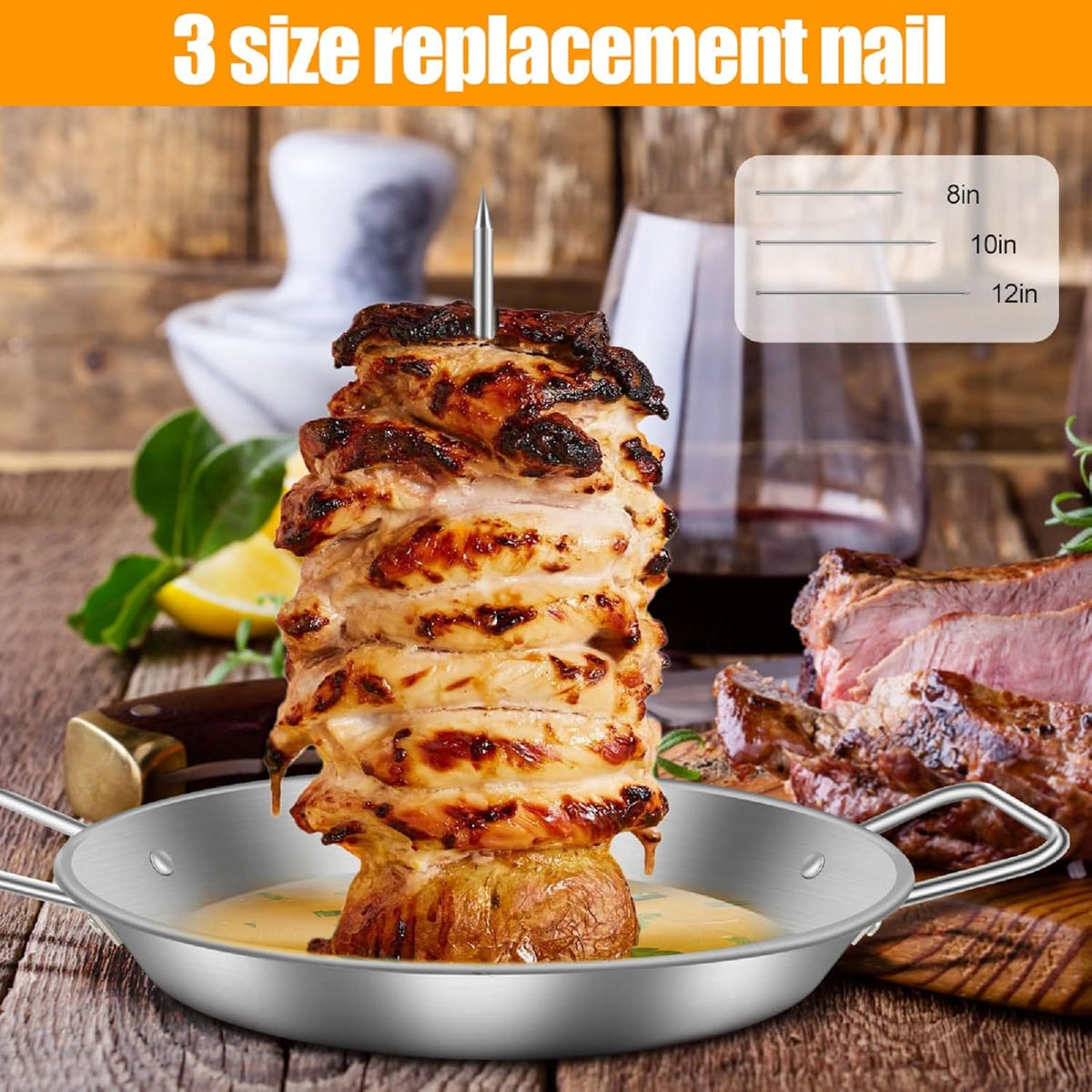 Vertical Skewer Pan, BBQ Skewer for Al Pastor, Stainless Steel Vertical Spit Stand with 3 Removable Spikes (8" / 10" / 12") for Oven Grill Use, for Shawarma Kebabs Tacos Barbecue Dishes
