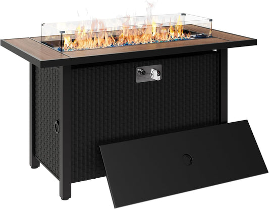 45 inch Outdoor Propane Fire Pit 50,000 BTU Gas Fire Pit Table with Walnut Tabletop, Glass Wind Guard, Waterproof Cover, Rectangle Gas Firepit Table for Garden/Patio,CSA Certification