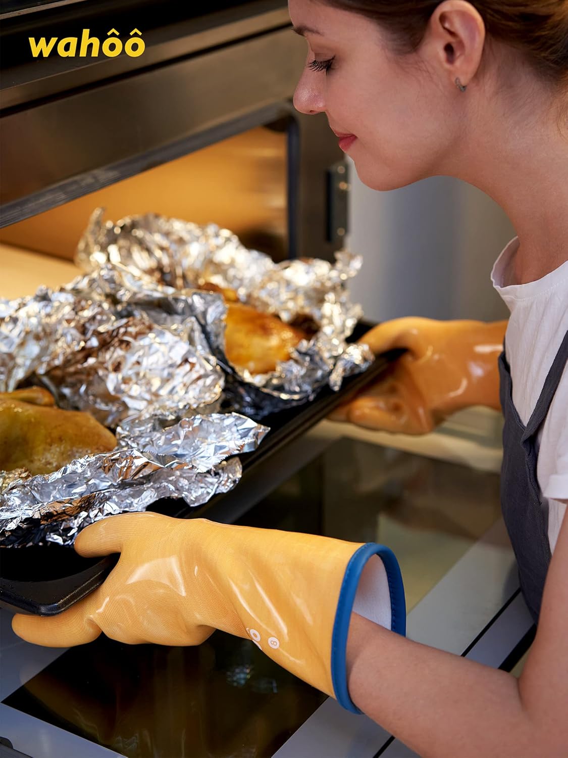 LANON Protection Wahoo Liquid Silicone Smoker Oven Gloves, Food-Contact Grade, Heat Resistant Gloves for Cooking, Grilling, Baking, Yellow, M/8