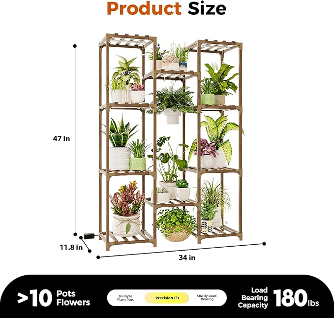 Bamworld Plant Shelf with Grow Light Plant Stand for Mutiple Pots Large Plant Holder for Living Room Patio Boho Home Decor for Gardening Warm Light