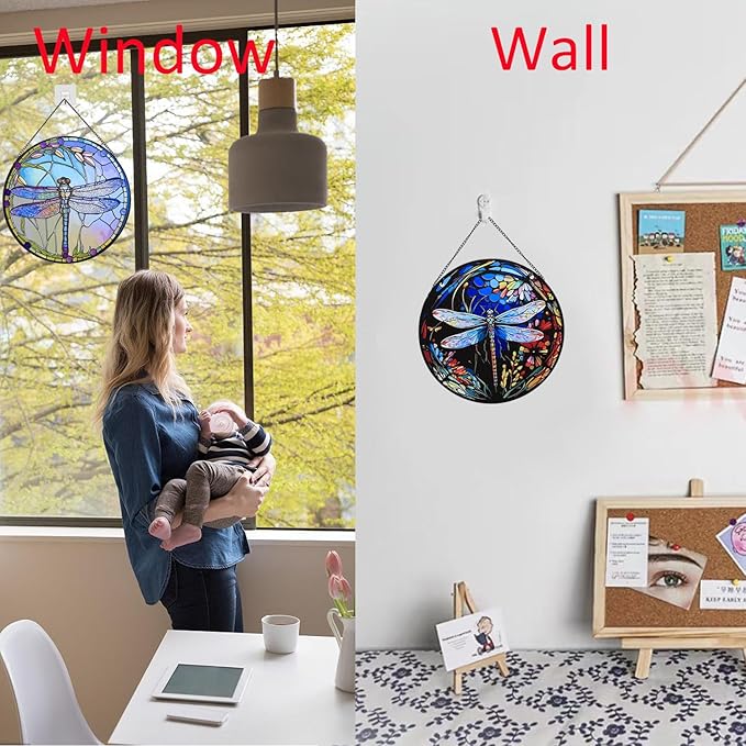 Hanging Stained Glass for Windows,20cm/7.87inch Dragonfly Hand-Painted Sun Catcher Garden Hangings Christmas Mother's Day, Valentine's Day Ornaments Festival Gift (B Style)