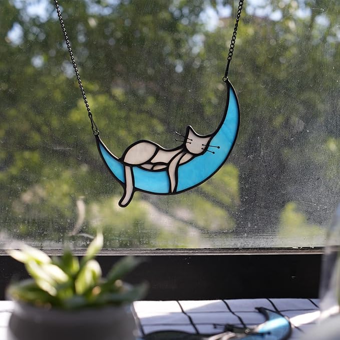 BOXCASA Sleeping Cat Stained Glass Windown Hanging,Grey Cat on Moon Beautiful Handcrafted Sun Catcher Gifts for Daughter,Mothers Day,Christmas and Cat Lover