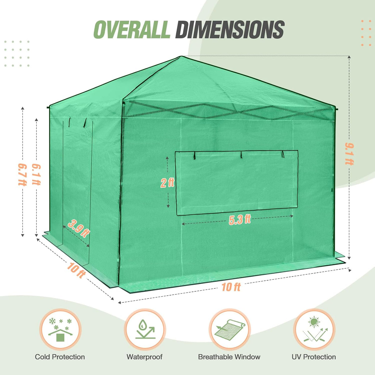 EAGLE PEAK 10x10 Portable Walk-in Greenhouse, Pop-up Indoor Outdoor Garden Green House, Zippered Doors and Windows, PE Cover, Green