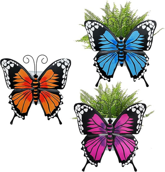 BAYN Set of 3 Butterfly Wall Hanging Planter Decor Art, Metal Wall Mounted Planters Garden Yard Decorative Flower Pot Indoor Outdoor Wall Planter Succulent Plant Container