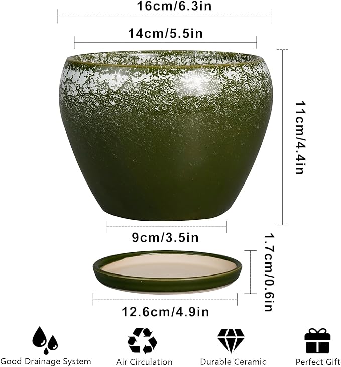 6 Inch Plant Pot - Ceramic Planter Pot with Drainage Hole and Saucer, Glaze Succulent Pot Modern Round Flower Pot for Indoor Plants, Dark Green