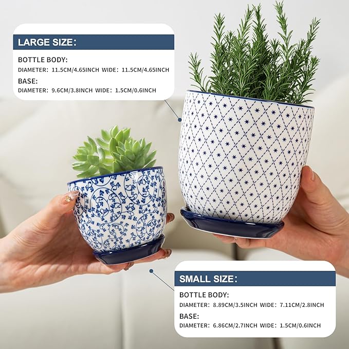 Ceramic Succulent Planter Pots - 4.6 Inch Small Flower Pot with Drainage Holes and Saucers for Indoor Plant, Cactus, Herbs, Outdoor Plants, Home Decor, Set of 4, Vintage Blue