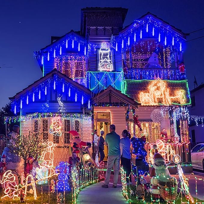 Christmas Lights, 16 Inch/40cm Meteor Shower Lights, Xmas Decorations for Outside Yard Party, LED Icicle Christmas Light Outdoor for Tree Porch House Holiday, UL Plug, Blue