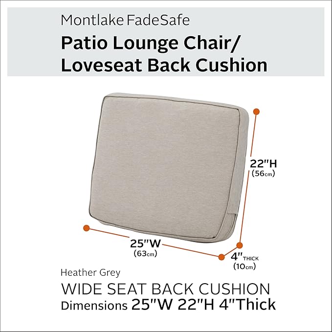 Classic Accessories Montlake Water-Resistant 25 x 22 x 4 Inch Patio Lounge Back Cushion, Heather Grey, Outdoor Loveseat Cushions